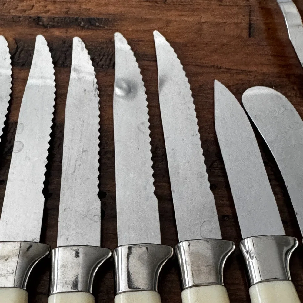 MCM Vintage 10 Regent Sheffield Kitchen Knives & One fork‎ Ivory Brown Leaf